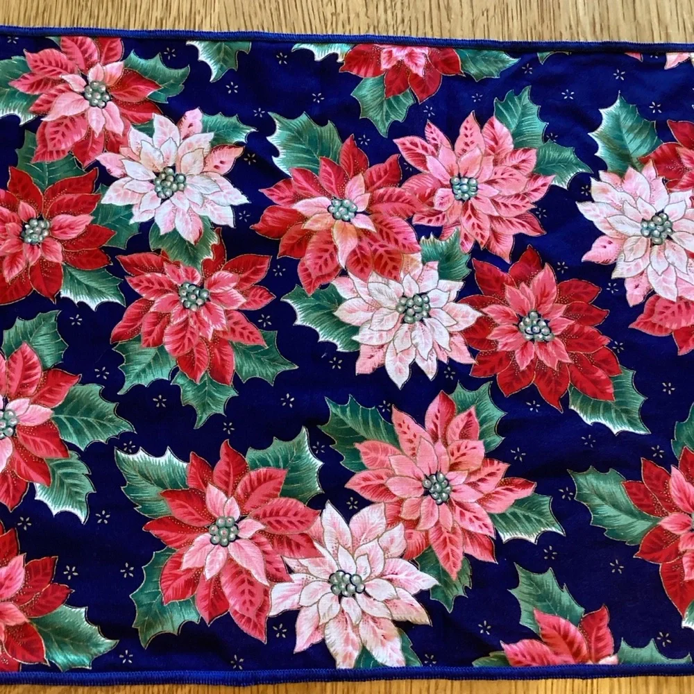Christmas Table Runner Poinsettias 69 X 13 Blue Background Tassels Holiday Linen